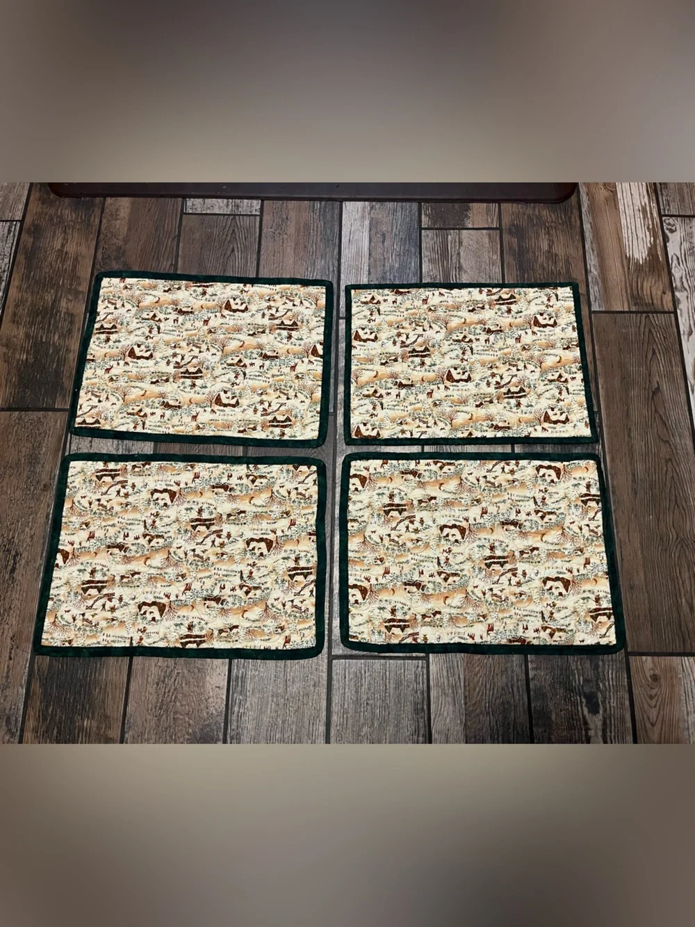 Set of 4 Quilted Wildlife Print Placemats with Dark Green Border
